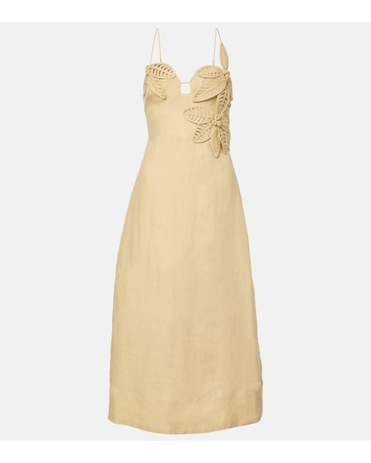 Farm Rio Natural Sand Floral-Applique Linen Midi Dress