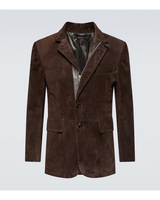 Tom Ford Brown Leather-Trimmed Suede Blazer for men
