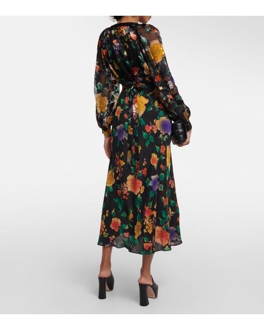 Rixo Black Ayla Floral-Print Silk Midi Dress