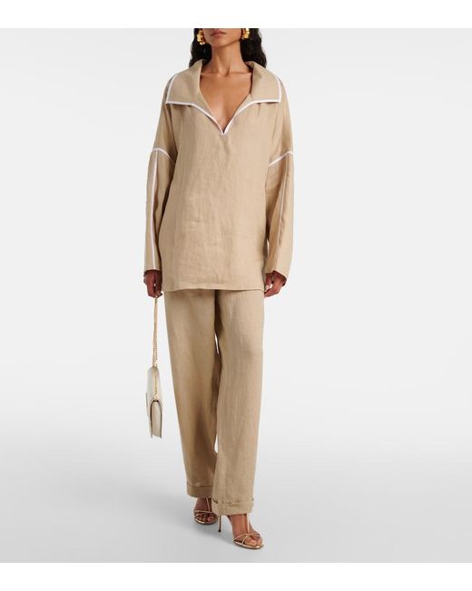 Tory Burch Natural Linen Wide-Leg Pants