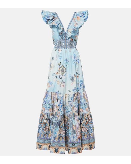 Camilla Blue Ruffled Crystal-Embellished Printed Organic Cotton-Poplin Maxi Dress