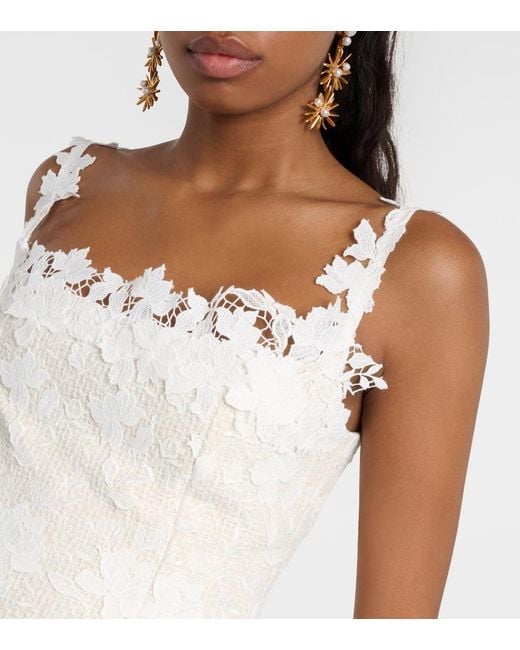 Oscar de la Renta White Floral Lace-Trimmed Tweed Midi Dress