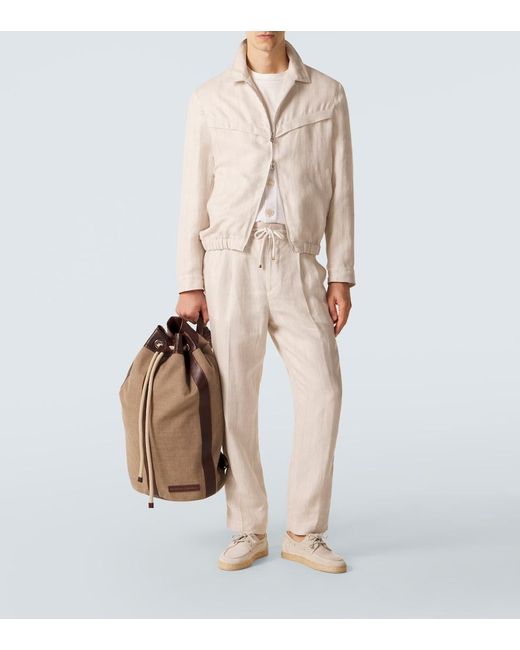 Brunello Cucinelli Brown Leather-Trimmed Canvas Backpack for men