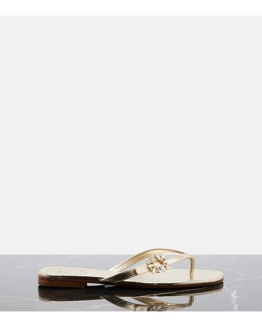 Roger Vivier Natural Embellished Metallic Leather Thong Sandals