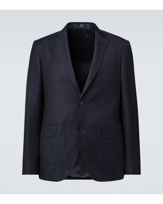 Etro Blue Wool Jacquard Blazer for men