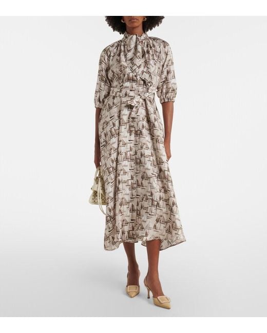 Max Mara White Printed Tie-Neck Silk Twill Midi Dress