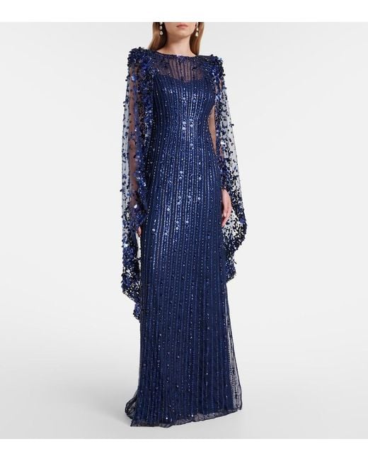 Jenny Packham Blue Caped Embellished Gown