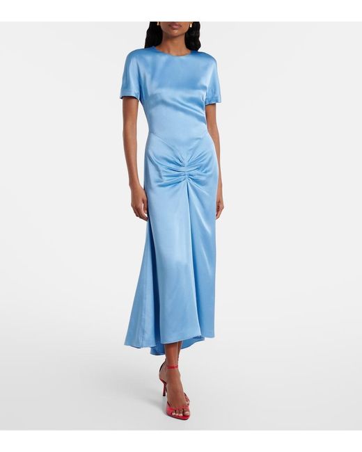 Victoria Beckham Blue Gathered Satin Midi Dress