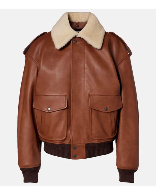Saint Laurent Brown Shearling-Trimmed Leather Bomber Jacket