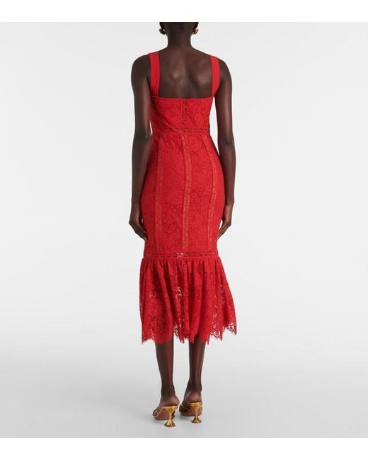 Self-Portrait Red Floral Cotton-Blend Lace Midi Dress