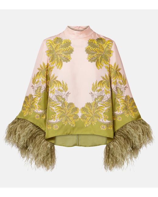 LaDoubleJ Yellow Make An Exit Feather-Trimmed Silk Twill Top