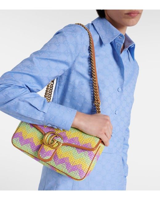 Gucci Multicolor GG Marmont Small Raffia Shoulder Bag