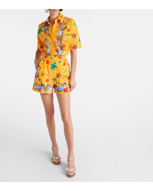 Dolce & Gabbana Yellow Capri Printed High-rise Cotton Shorts