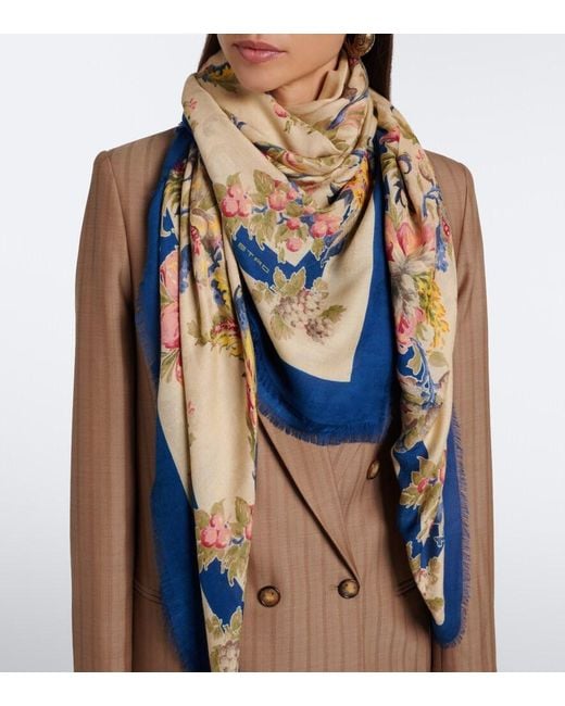 Etro Blue Floral Modal And Cashmere Scarf