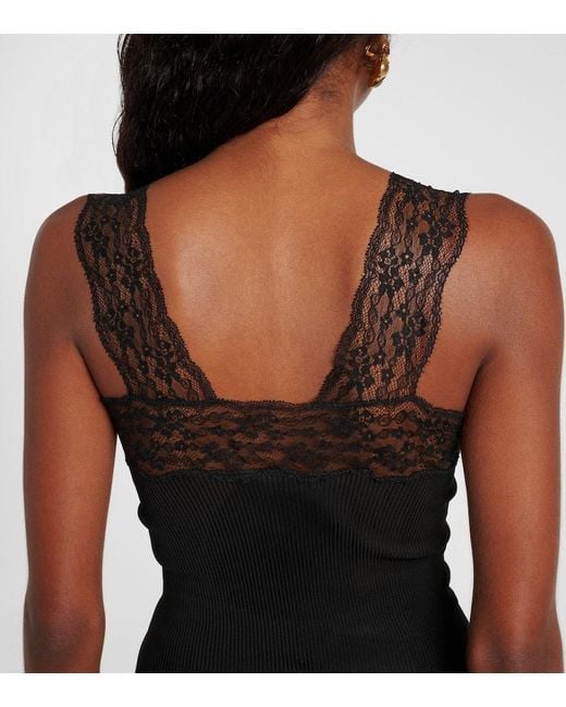 Saint Laurent Black Top Aus Rippstrick Mit Spitze