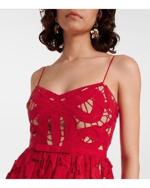 Self-Portrait Red Bow Lace Linen And Cotton Midi Dress