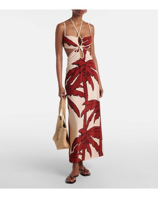 Johanna Ortiz Red Printed Cutout Midi Dress