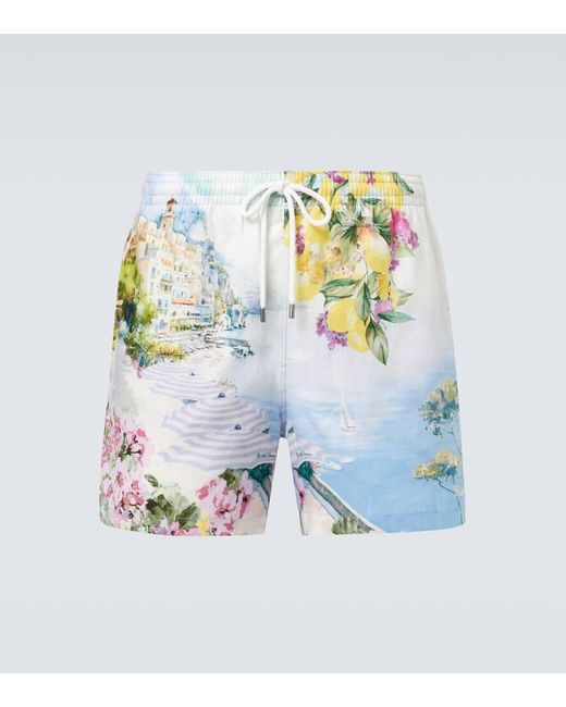Ralph Lauren Blue Amalfi Printed Linen Swim Trunks for men