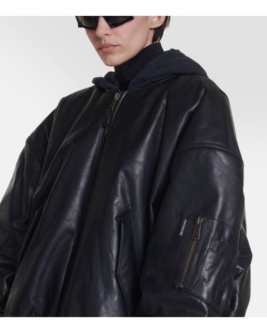 Balenciaga Black Oversized Leather Bomber Jacket