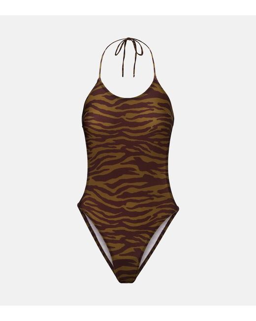 The Attico Brown Zebra-Print Halterneck Swimsuit
