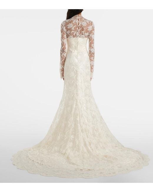 Danielle Frankel White Bridal Adena Floral Lace-Trimmed Wool And Silk Gown
