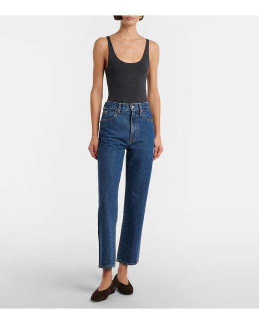 SLVRLAKE Denim Blue London Cropped High-Rise Straight Jeans
