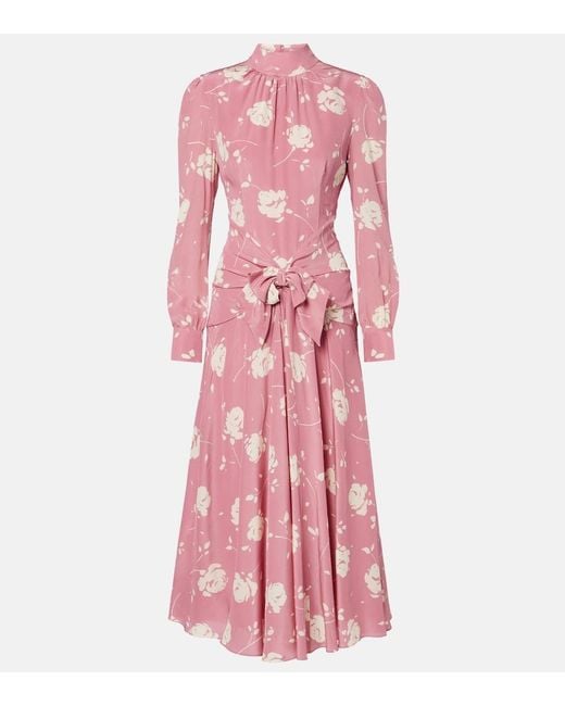 Alessandra Rich Pink Bow-Detail Floral Silk Midi Dress