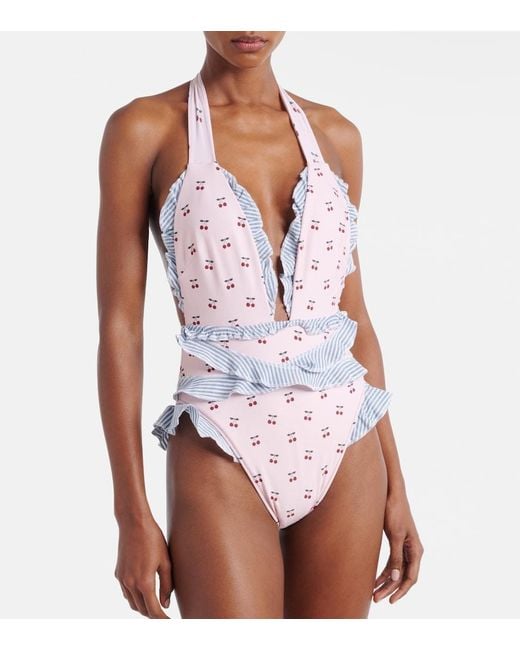Montce White Tropez Printed Ruffled Swimsuit