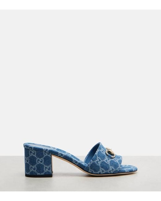 Gucci Blue Horsebit Gg Denim Sandals