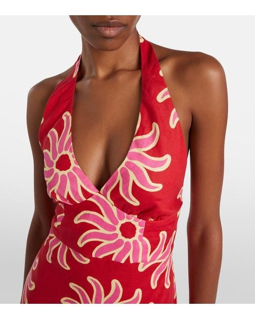 Cala De La Cruz Red Dasha Printed Halterneck Linen Maxi Dress