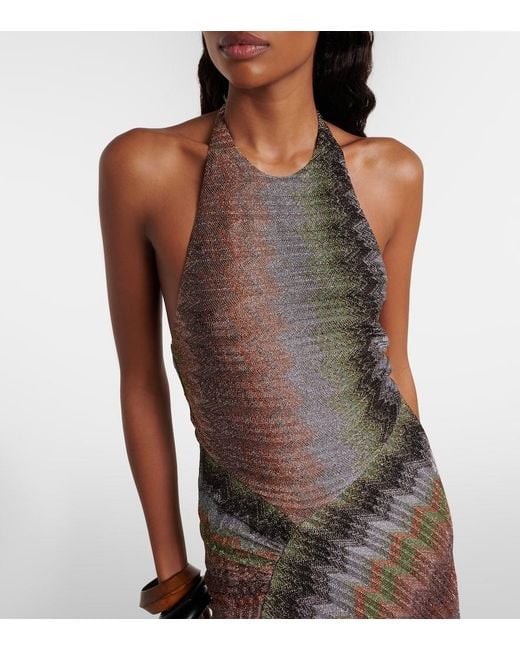 Missoni Brown Zigzag Halterneck Lame Maxi Dress