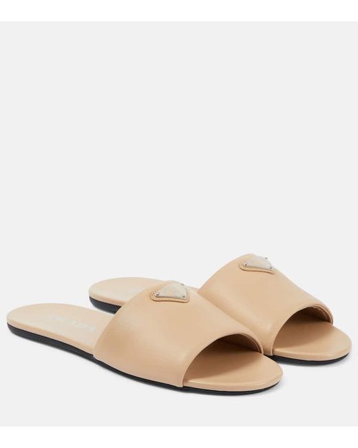 Prada Natural Logo Leather Slides