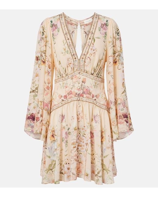 Camilla Natural Embellished Floral Silk Minidress