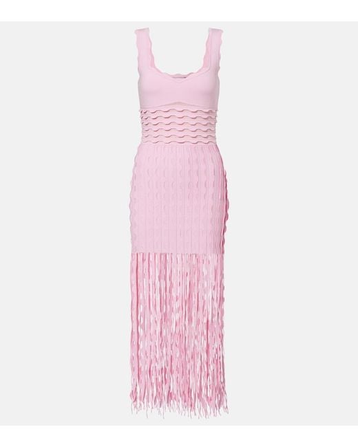 Jonathan Simkhai Pink Brionne Fringed Knitted Midi Dress