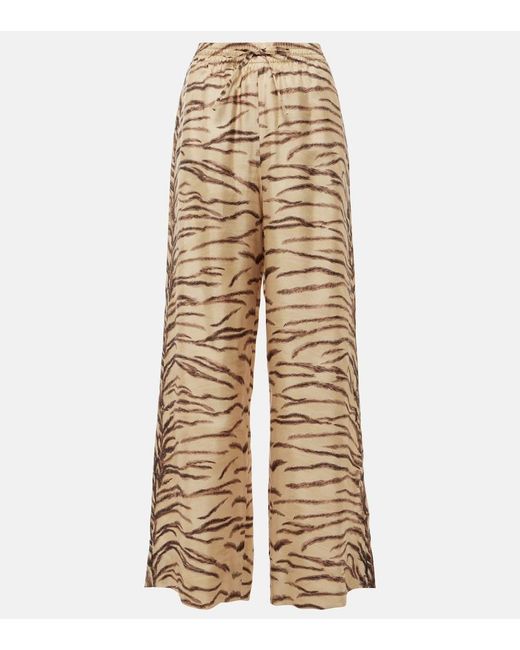 Stella McCartney Natural Printed High-Rise Silk Wide-Leg Pants