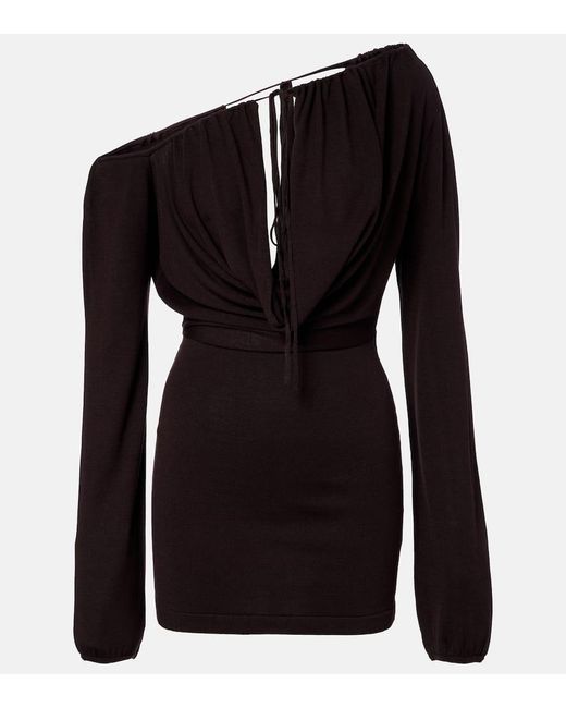 AYA MUSE Black Sola Asymmetric Draped Silk-Blend Minidress
