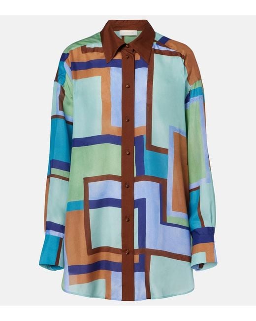 Zimmermann Blue Como Printed Silk Satin Shirt
