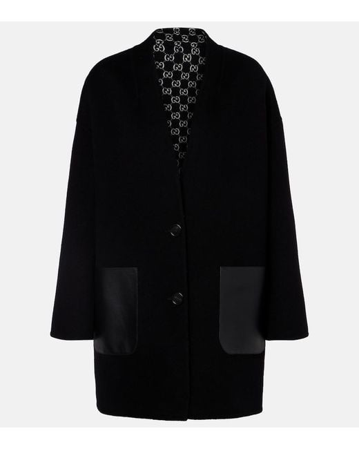 Gucci Black Caban Reversible Leather-Trimmed Wool Coat