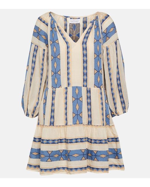 Vestido Corto Kally De Algodon Estampado Velvet de color Blue