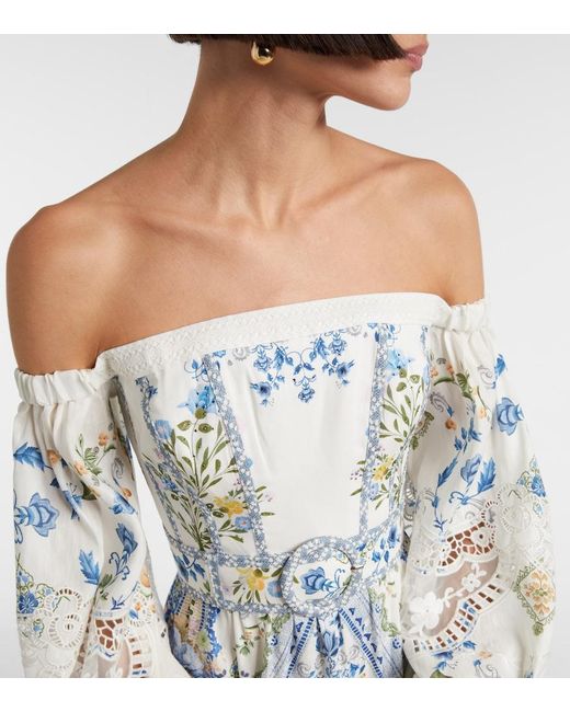 Camilla Blue Floral Off-Shoulder Linen And Silk Maxi Dress