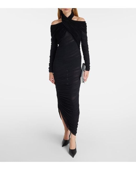 Mugler Black Maxikleid Aus Mesh Und Samt