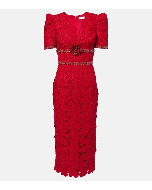 Rebecca Vallance Red Embellished Lace Midi Dress