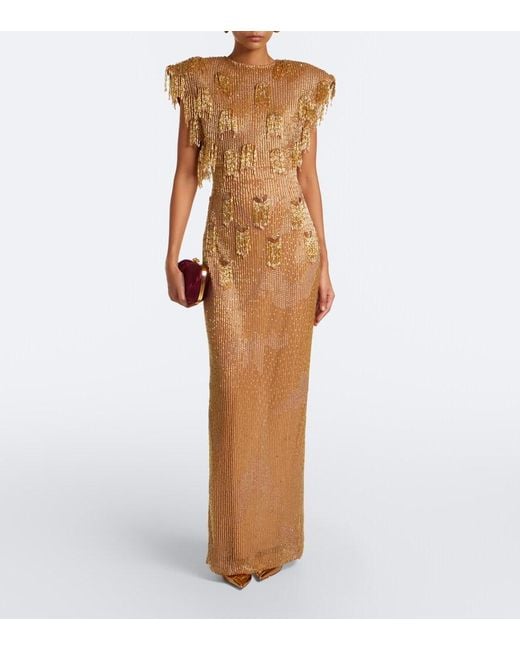 Rachel Gilbert Natural Lani Caped Beaded Gown