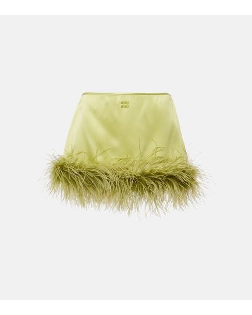 Minifalda De Saten Con Plumas Miu Miu de color Yellow