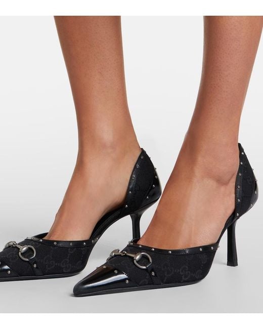 Gucci Black Savoy Horsebit Gg Canvas Pumps