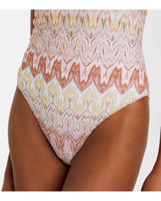 Missoni Pink Zigzag One-Shoulder Lame Swimsuit