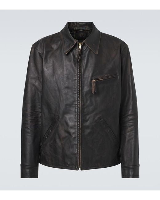 RRL Black Lynton Leather Biker Jacket for men