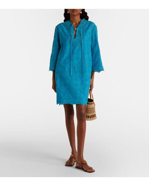 Valentino Blue Broderie Anglaise Silk-Trimmed Cotton Kaftan