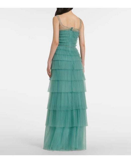 Costarellos Green Kali Embellished Tulle-Trimmed Plisse Gown