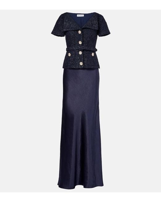 Self-Portrait Blue Verziertes Maxikleid Aus Boucle Und Satin